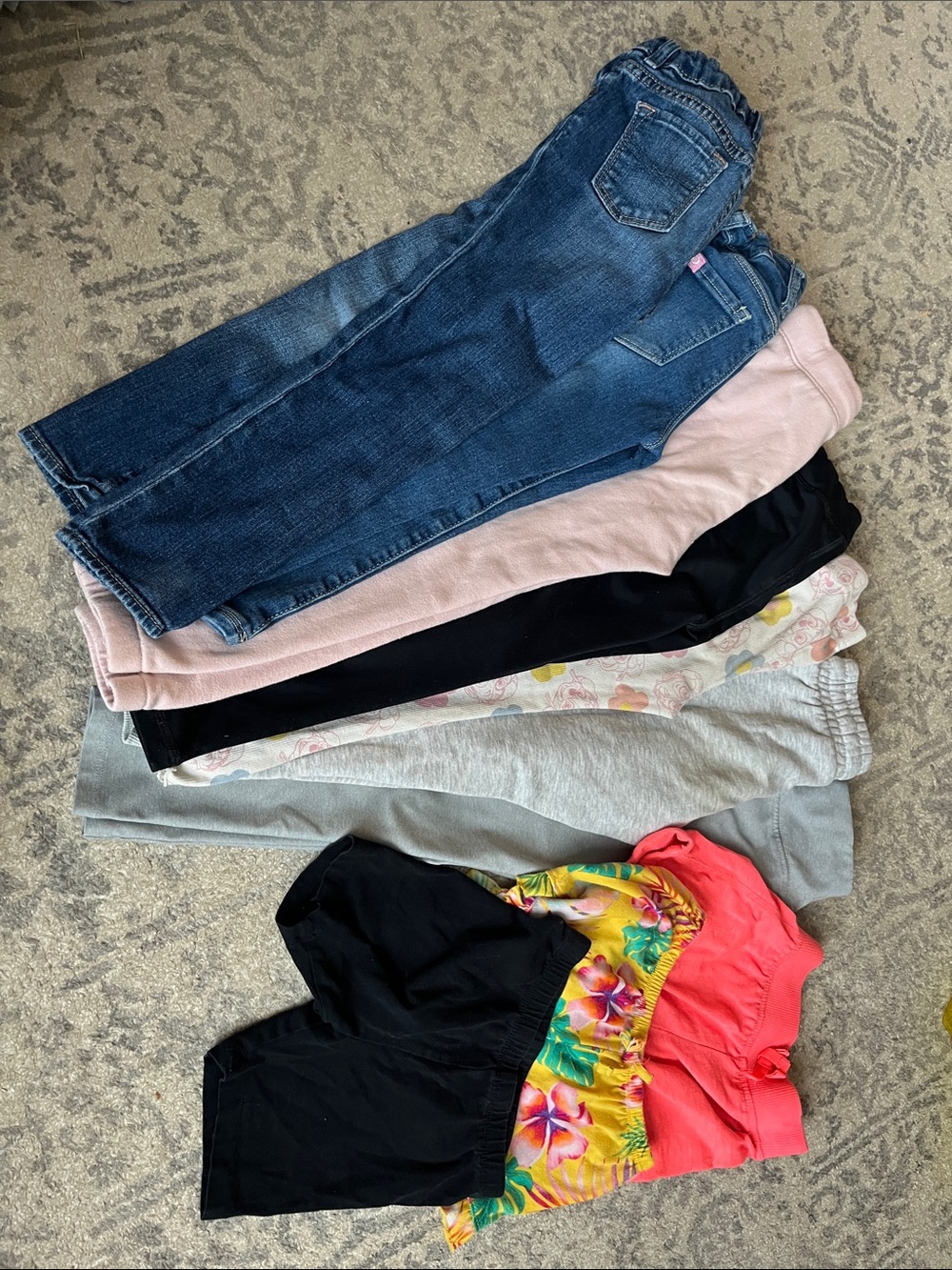 Girls Mixed Bottoms Bundle - Denim Jeans, Pink & Black Leggings, Floral Shorts